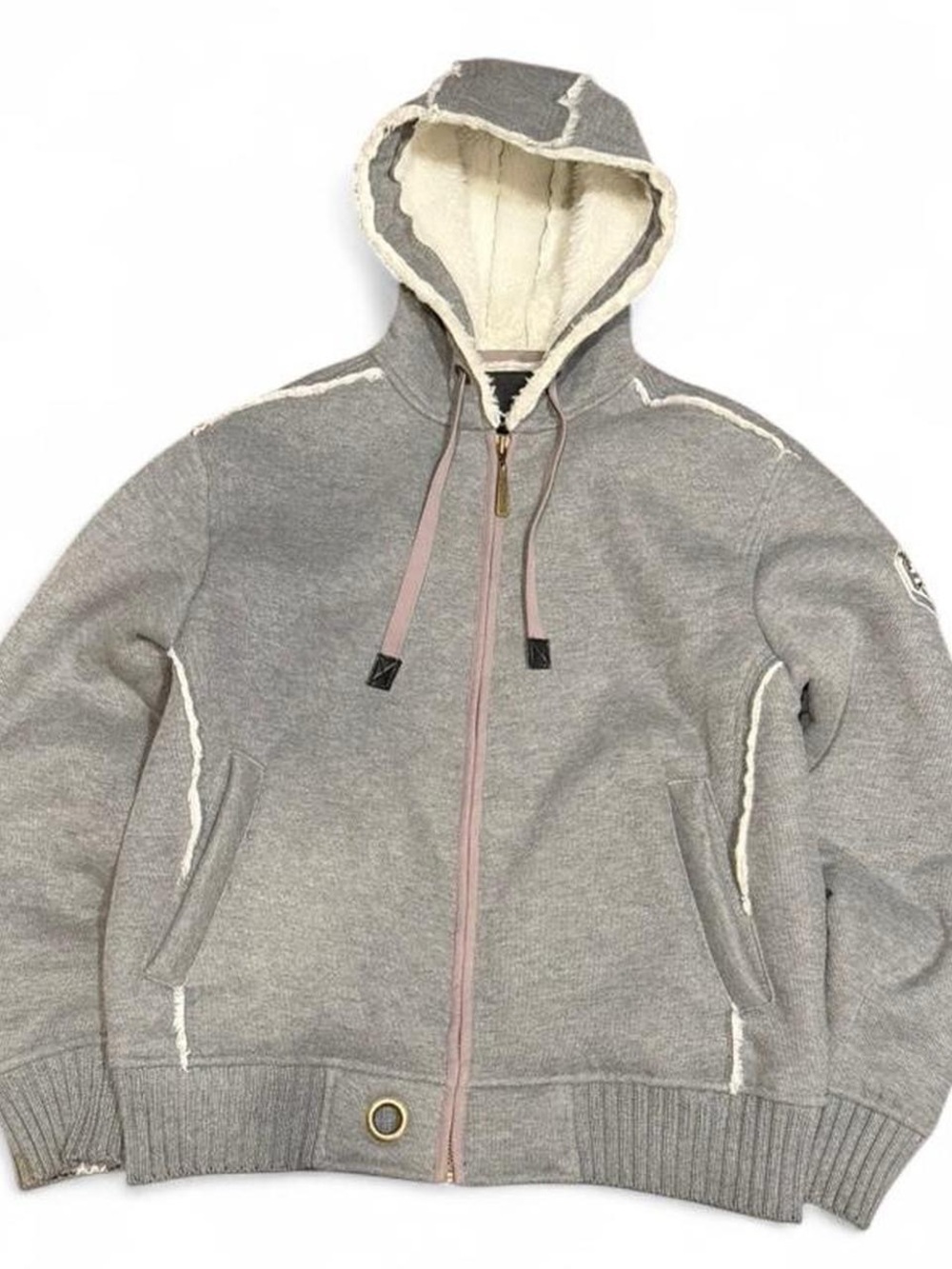 Y2K Projek Raw Distressed Sherpa Lined Padded Patched Zip Up Hoodie